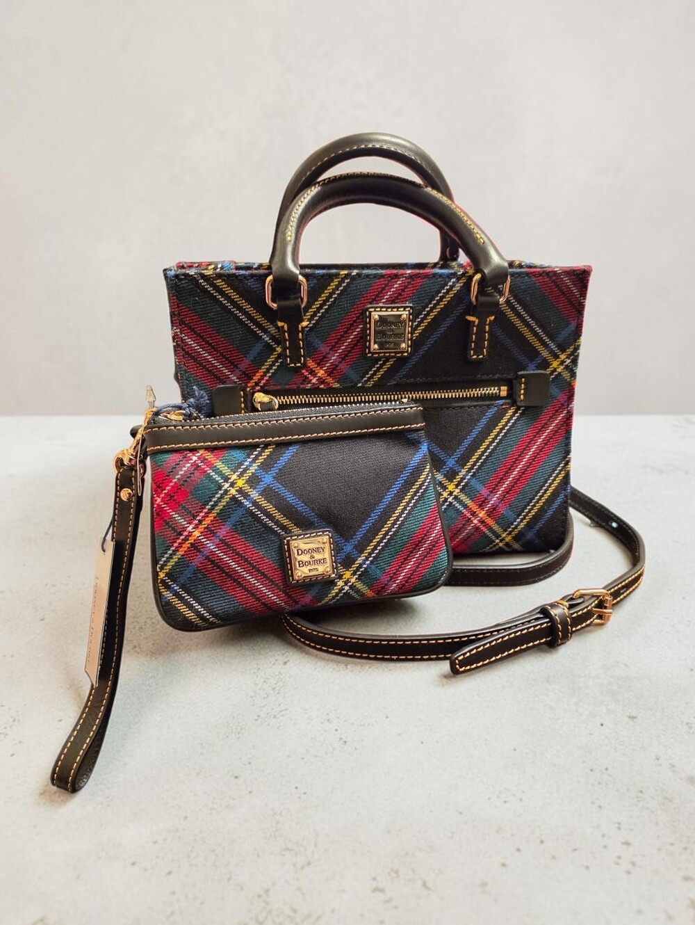 Dooney & Bourke Plaid Mini Tote with Black Trim/Wristlet Included
